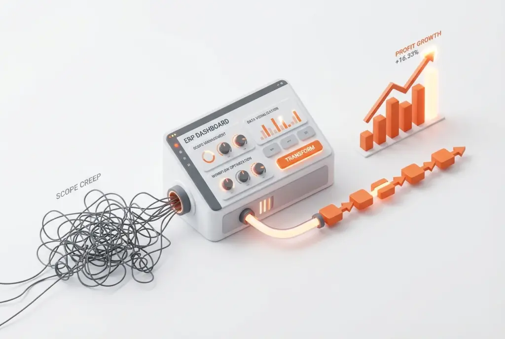 صورة توضيحية لعنوان المقال: "أفضل نظام ERP لوكالات التسويق: كيف ينهي Boom ERP فوضى الـ Scope Creep ويزيد أرباحك بذكاء؟" تبرز أهمية النظام.