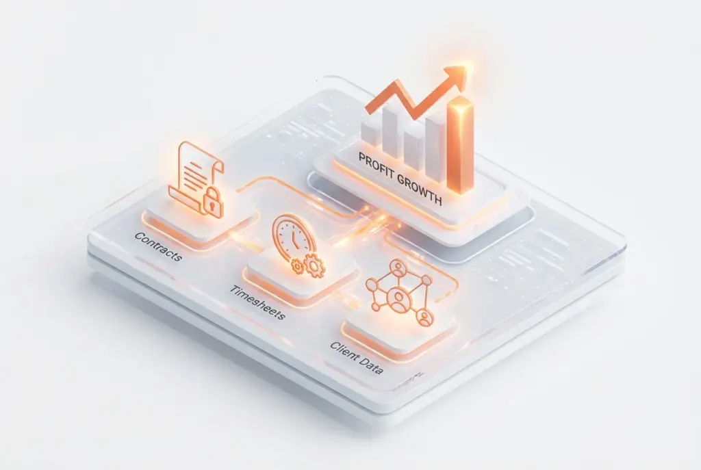 شعار Boom ERP مع نص يوضح أنه أفضل نظام ERP لوكالات التسويق لحل فوضى العقود وتتبع ساعات العمل وضمان تحقيق الأرباح.