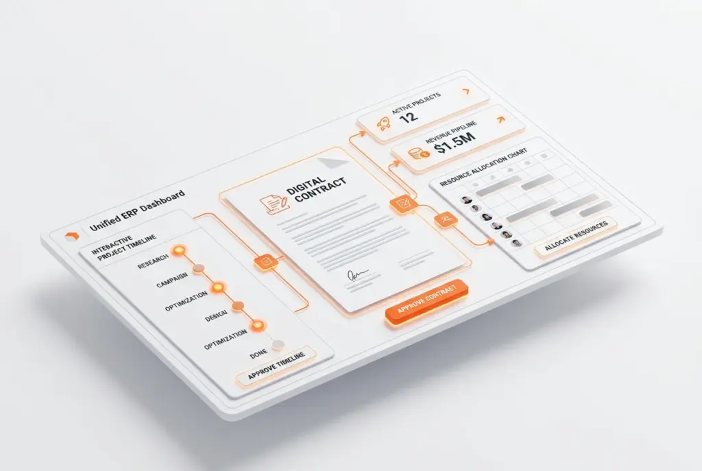 نظام Boom ERP، أفضل نظام ERP لوكالات التسويق، يعرض لوحة تحكم لإدارة العقود وساعات العمل بفعالية ومنع تجاوز النطاق (Scope Creep) بوضوح وكفاءة.