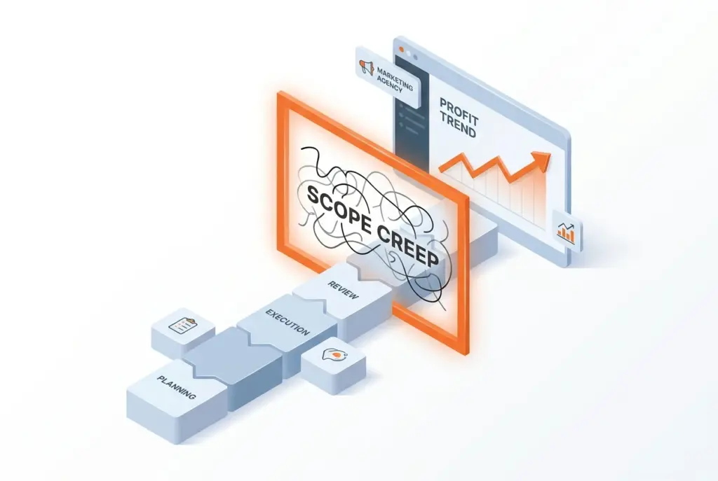 صورة ترويجية لمقال بعنوان وداعاً لـ Scope Creep، تُبرز Boom ERP كأفضل نظام إدارة وكالات التسويق يضاعف الأرباح، مع شعار جذاب.