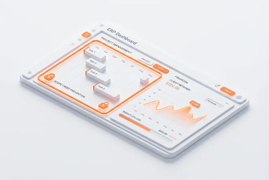 صورة تعرض عنوان مقال عن أفضل نظام ERP لوكالات التسويق، مع التركيز على Boom ERP وقدرته على حل مشكلة Scope Creep وتتبع عقود الريتينر بدقة.