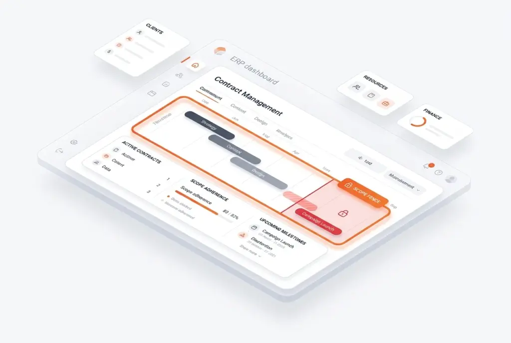 صورة توضح أن Boom ERP هو أفضل نظام ERP لوكالات التسويق، مع التركيز على حلول تتبع العقود ومنع تمدد النطاق.