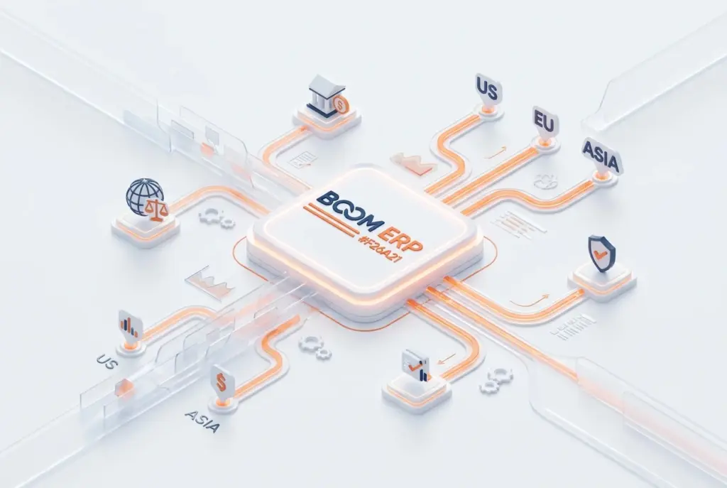 A visual representation of unified ERP software streamlining compliance processes, showing interconnected modules and data flow, powered by BOOM ERP.
