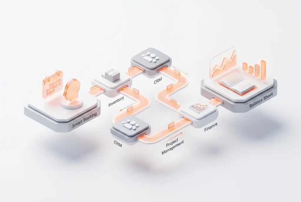 A visual representation of BOOM ERP's Smart Booking integrated system, showing connected modules for streamlined operations.