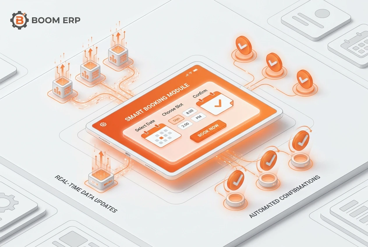 A diagram showing how an integrated booking system connects scheduling, CRM, and invoicing modules in BOOM ERP / رسم توضيحي يوضح كيف يربط نظام الحجز المتكامل بين الجدولة وإدارة العملاء والفوترة في بووم إي آر بي
