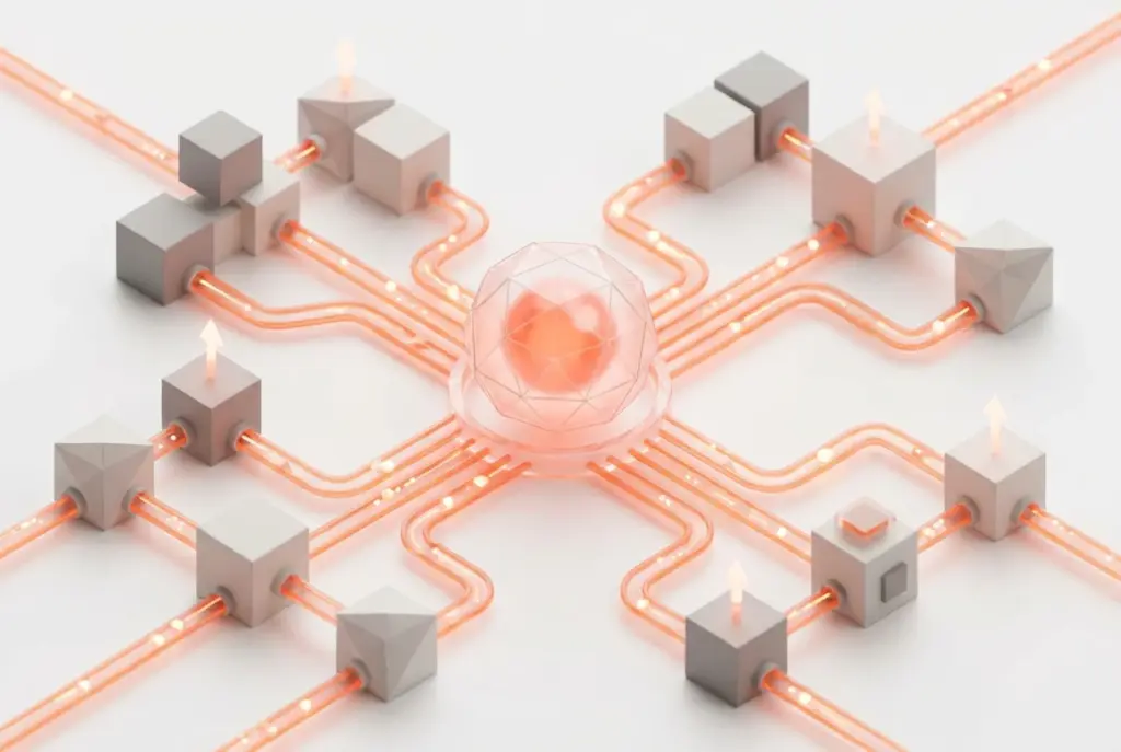 An abstract digital representation of Artificial Intelligence integrating with Enterprise Resource Planning systems, showcasing advanced automation and intelligent decision-making.
