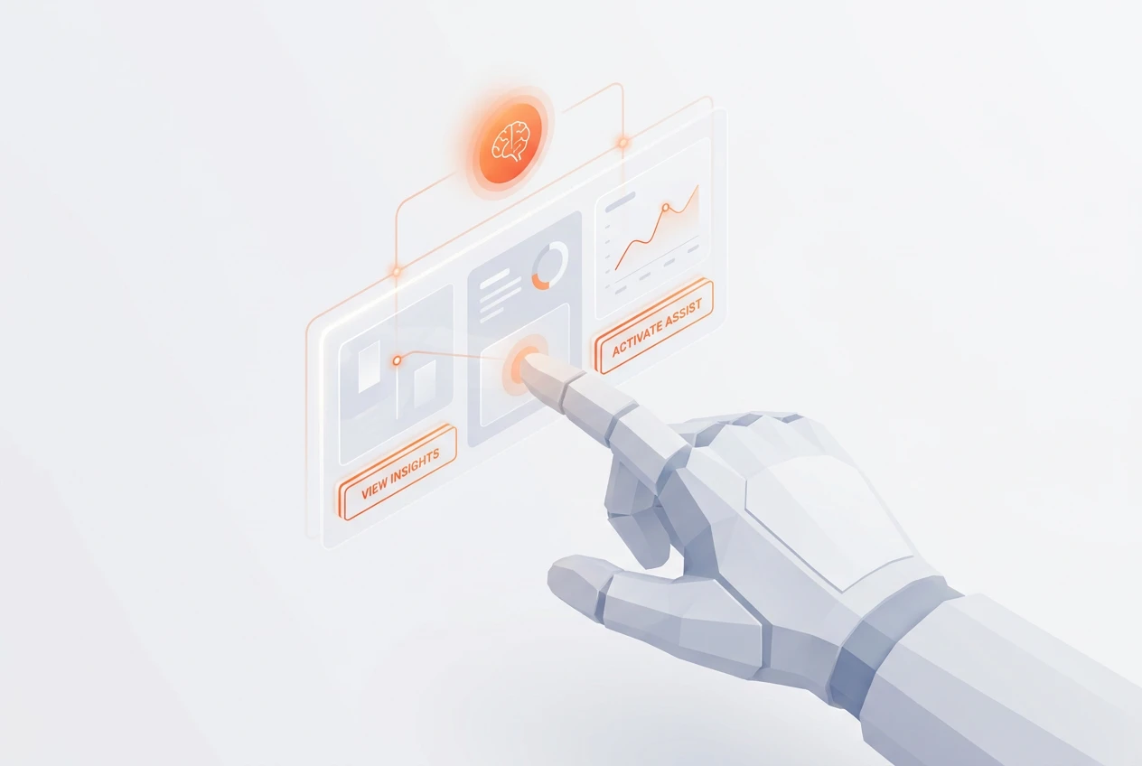 An AI business copilot dashboard showing unified data from ERP and CRM / لوحة تحكم مساعد الأعمال الذكي تعرض بيانات موحدة من أنظمة ERP و CRM