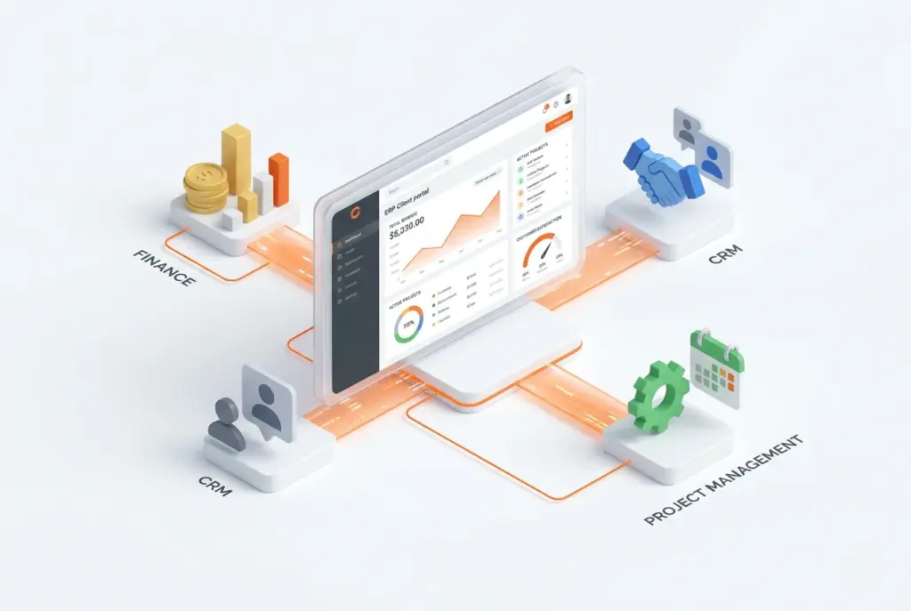 Illustration of BOOM ERP's unified client portal interface, showing streamlined access to data and services for enhanced business operations.