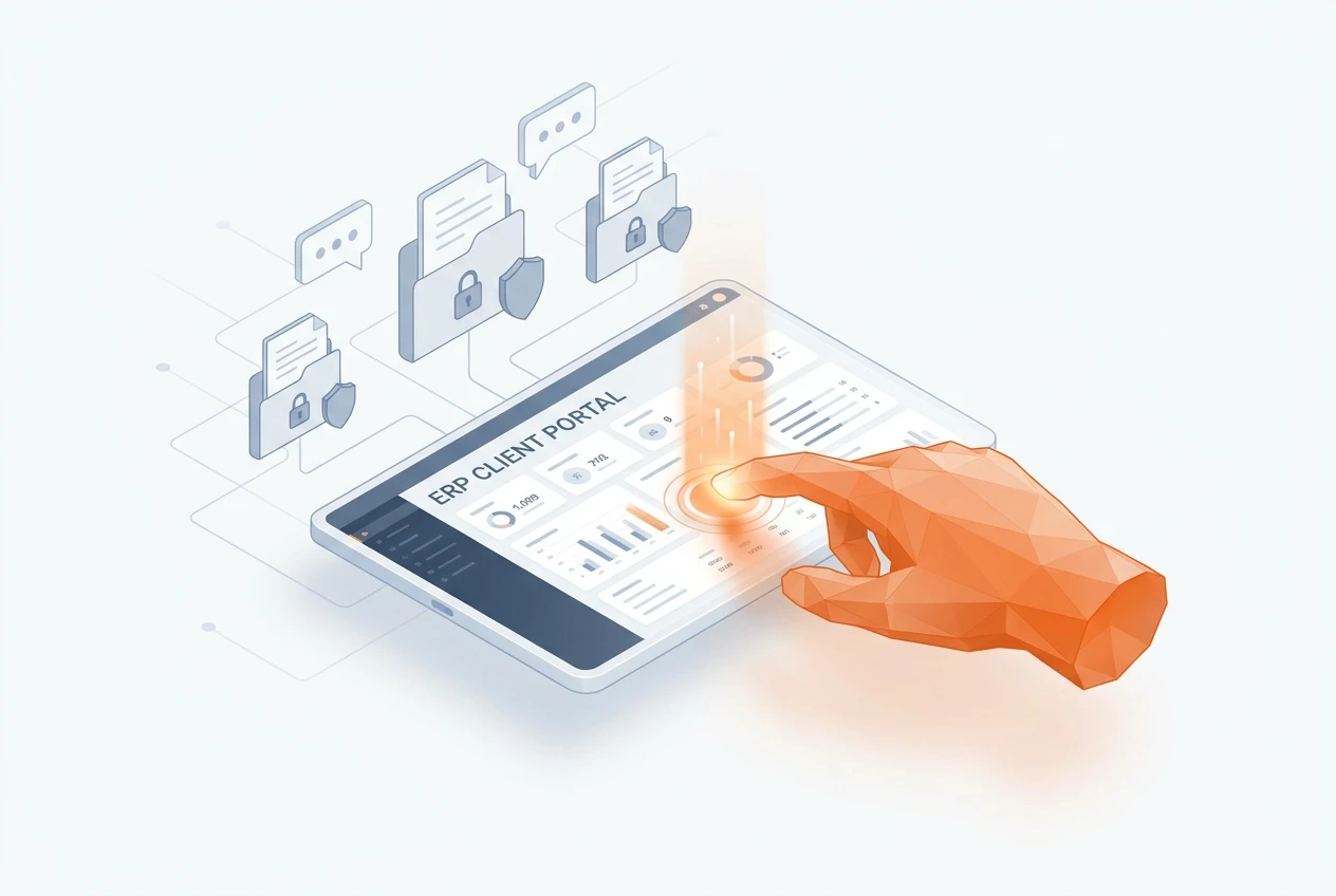 A diagram showing how a unified ERP client portal centralizes communication, files, invoices, and project data for a better customer experience.