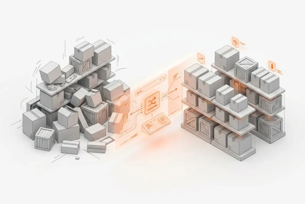 An image depicting a streamlined warehouse with integrated digital dashboards and a clear overview of stock levels, symbolizing efficient Unified Inventory Management by BOOM ERP.