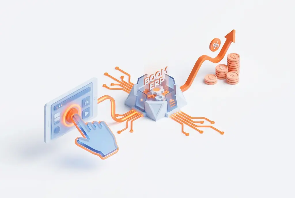 A visual representation of BOOM ERP's unified marketing automation platform, showing integrated tools and data flow leading to revenue.