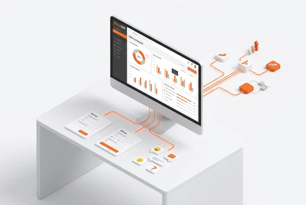 Visual representation of CRM integrated surveys, showing data flow from customer feedback into a CRM system, highlighting BOOM ERP's survey service for enhanced customer insight and improved business decisions.