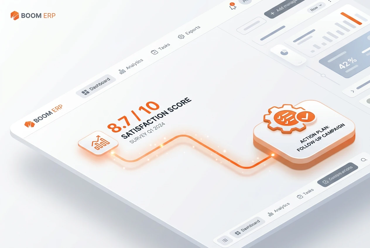 A chart showing how CRM integrated surveys connect customer feedback directly to actionable tasks and revenue growth, with icons for surveys, CRM, and support tickets.