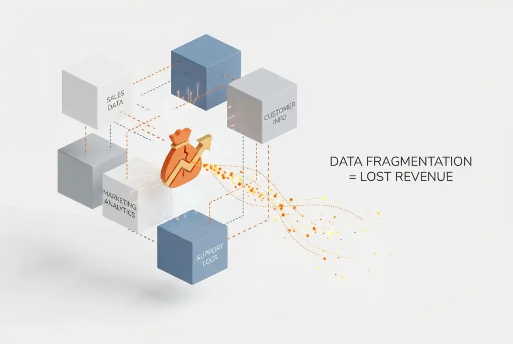 An illustration showing fragmented data flow and a broken chain link, symbolizing a disconnected CRM system causing revenue loss for businesses.