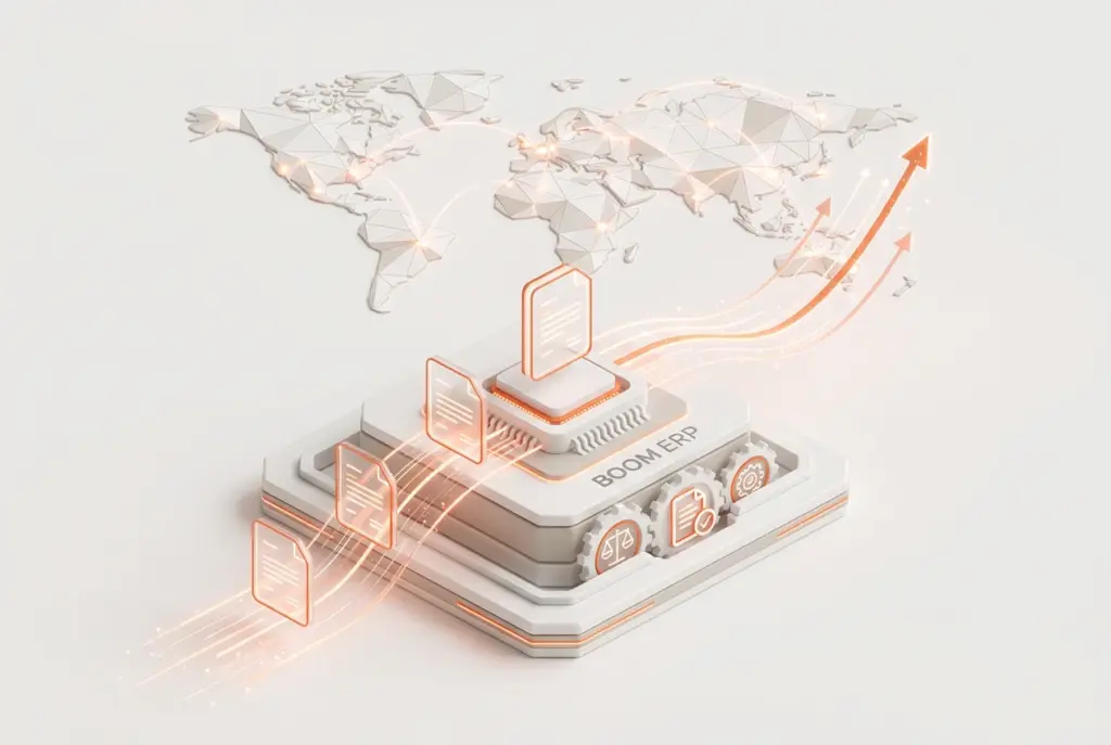 Illustration showing digital invoices flowing across a global map, symbolizing seamless e-invoicing compliance for businesses expanding internationally with BOOM ERP.