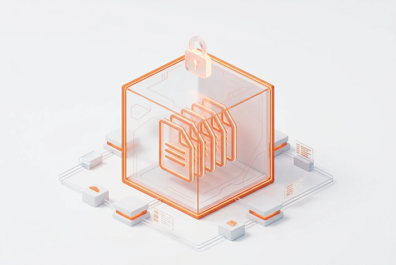 A diagram showing how ERP document control centralizes files, with icons for contracts, invoices, and reports flowing into a secure central hub.