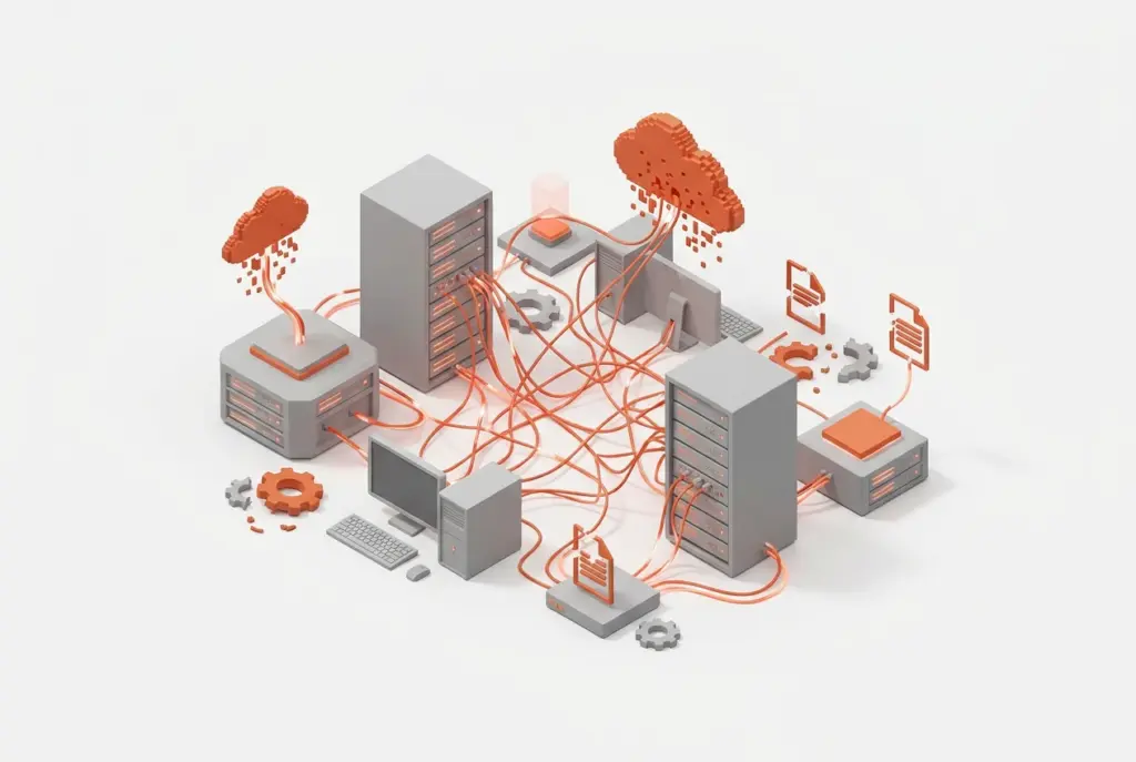 A frustrated person looking at a complex computer screen, symbolizing HR and payroll software tech stack nightmares.