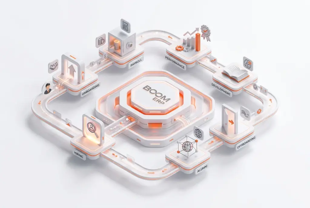 A visual representation of the complete employee lifecycle, from hiring to offboarding, integrated seamlessly on the BOOM ERP platform, demonstrating efficient HR management.