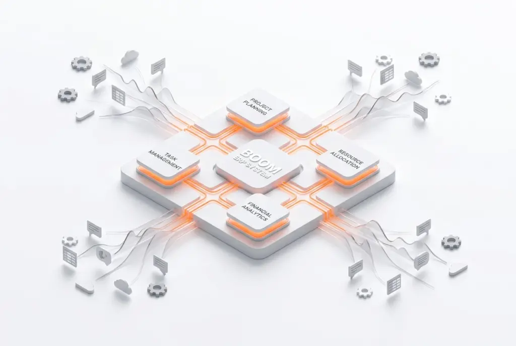 Integrated dashboard of a unified project management ERP, showcasing streamlined tasks and resources, ideal for BOOM ERP users.
