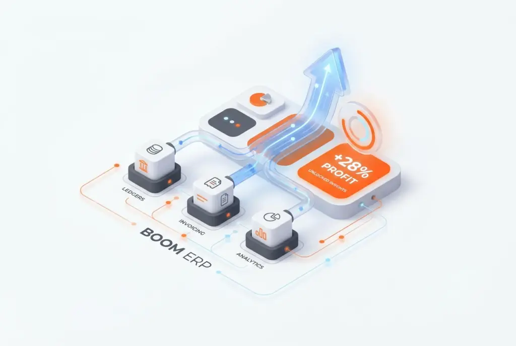 Dashboard showcasing a unified ERP finance system with real-time financial data, analytics, and profit insights for BOOM ERP users.
