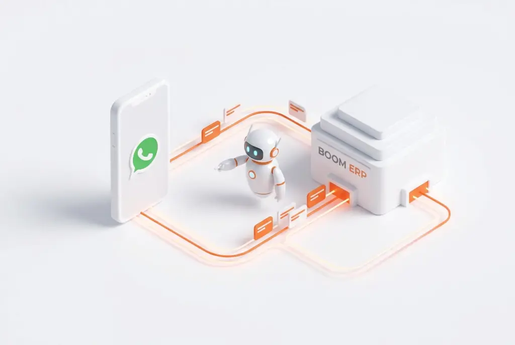 An illustration showing a chatbot icon integrated with an ERP system, representing WhatsBot for ERP automating sales processes for BOOM ERP users.