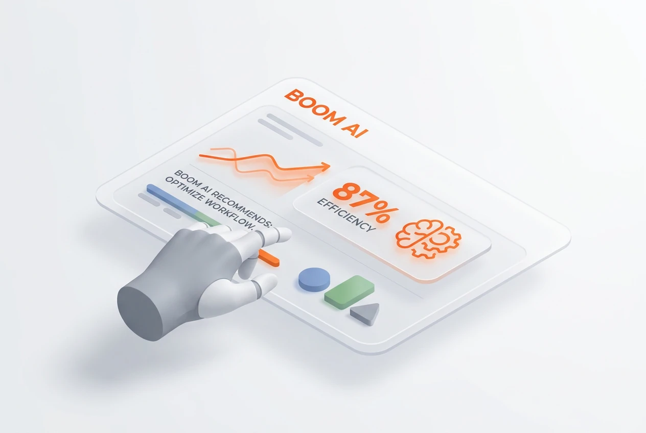 A diagram showing how AI powered operations streamline business workflows within the Boom ERP platform.