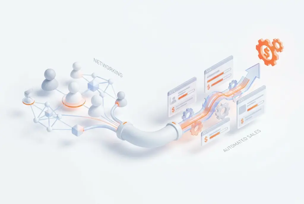 Visualizing automated sales actions triggered by networking, streamlining lead conversion for businesses using BOOM ERP.