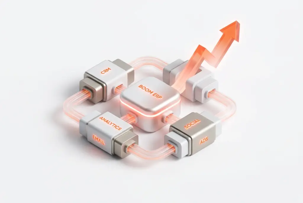 A visual representation of BOOM ERP's all-in-one marketing platform, showing integrated tools for automation, CRM, and analytics, helping businesses build a growth engine.