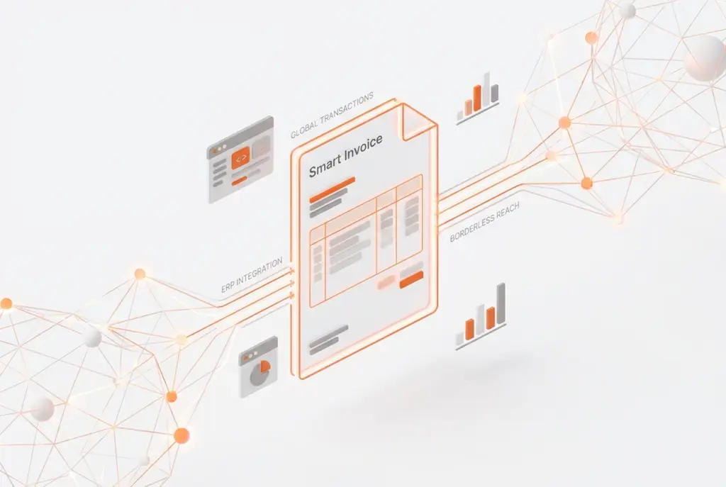 A visual representation of BOOM ERP's global invoicing engine seamlessly connecting businesses worldwide for borderless billing.