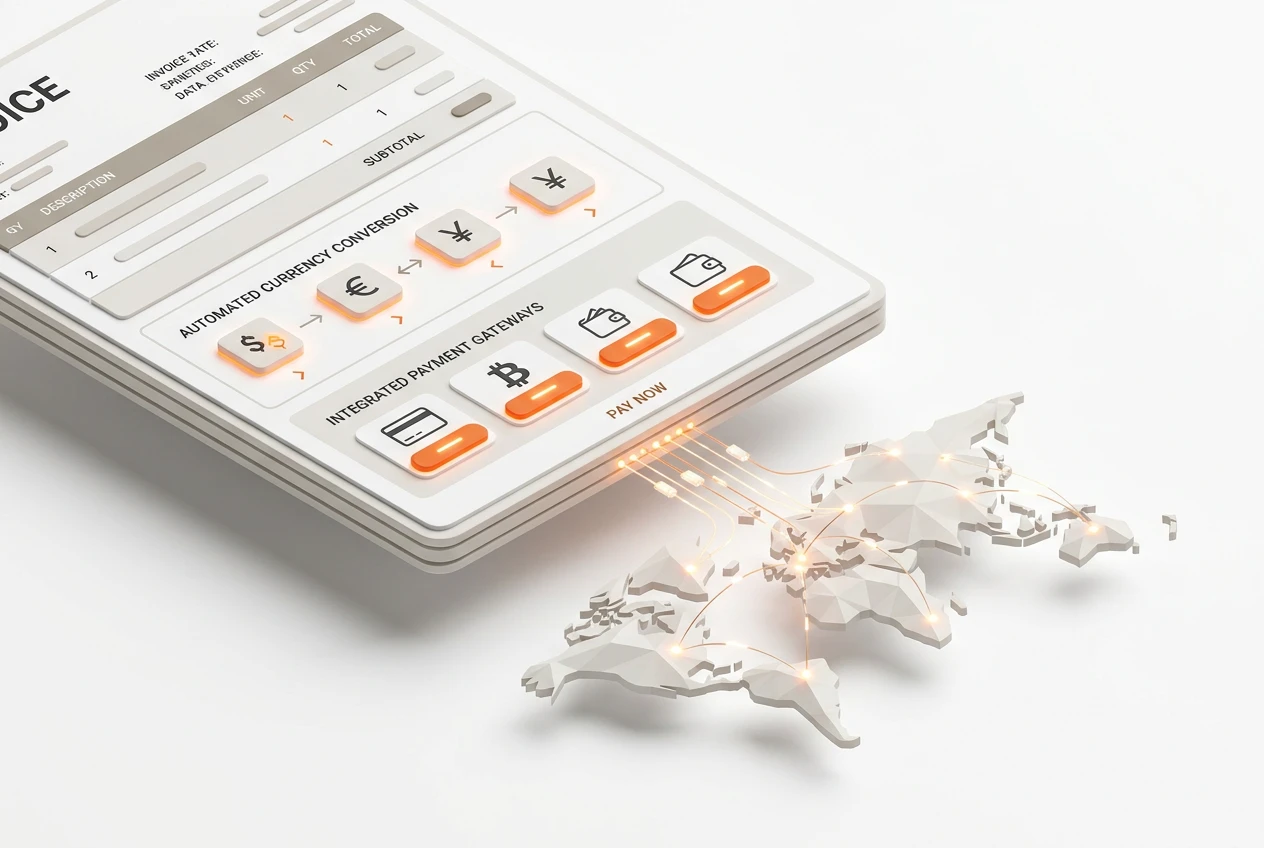A diagram showing how a global invoicing engine from BOOM ERP centralizes billing for different countries, each with its own compliance flag.
