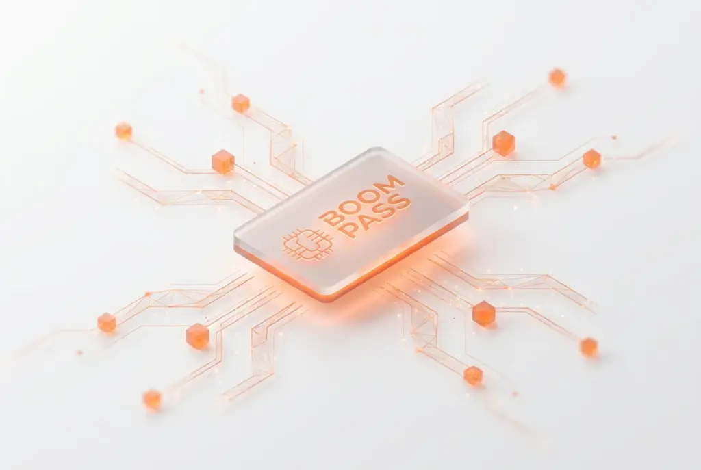 A digital pass or keycard with 'BOOM PASS' and security icons, symbolizing robust, secure business networking.