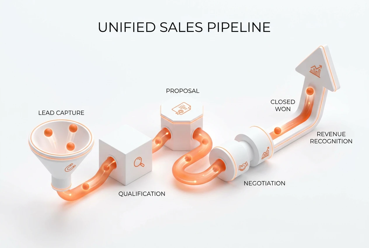 A diagram showing fragmented data from different apps flowing into a single unified BOOM ERP platform, creating a clear customer view. رسم تخطيطي يوضح تدفق البيانات المجزأة من تطبيقات مختلفة إلى منصة موحدة واحدة من بووم إي آر بي.