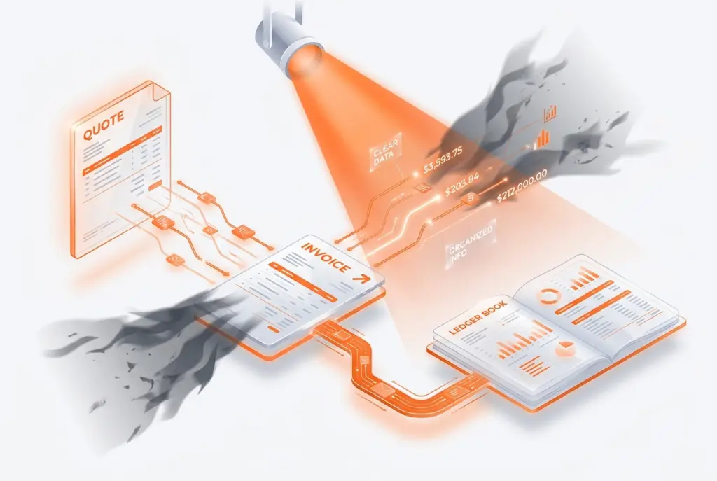 A visual representation of the streamlined quote-to-ledger process, highlighting efficiency in finance and accounting with BOOM ERP solutions.