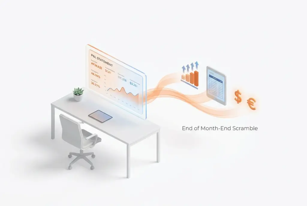 Interactive dashboard showing real-time P&L reporting, financial metrics, and charts, helping businesses eliminate month-end stress.