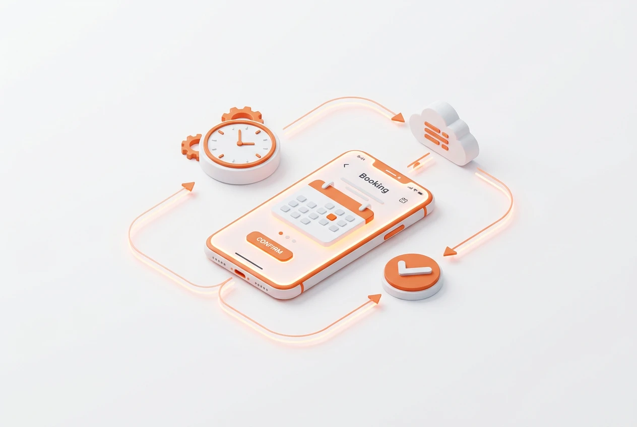 A diagram showing how a smart booking system connects appointments, marketing, and revenue streams, in both English and Arabic.
