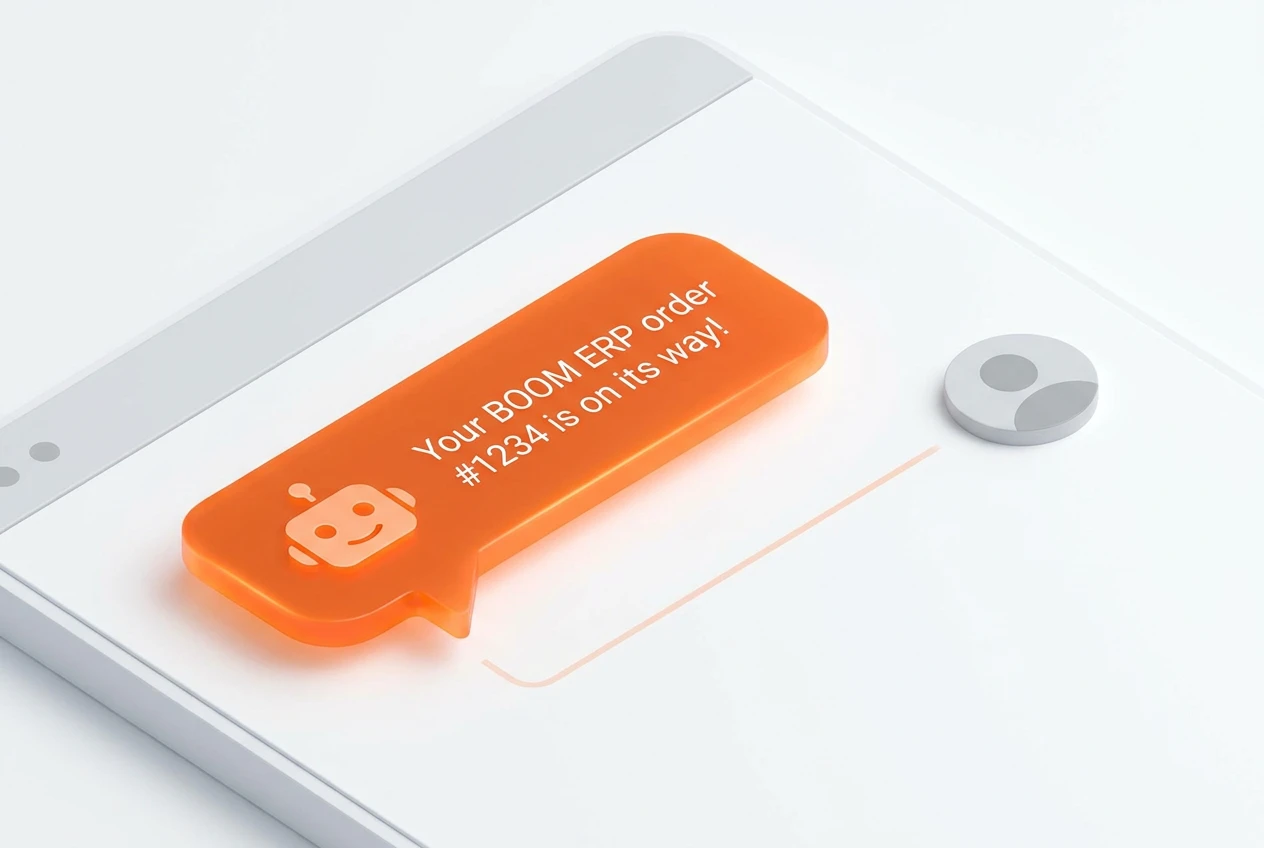 A smartphone showing a WhatsApp conversation with an ecommerce bot, displaying automated order updates and shipping notifications directly from BOOM ERP.
