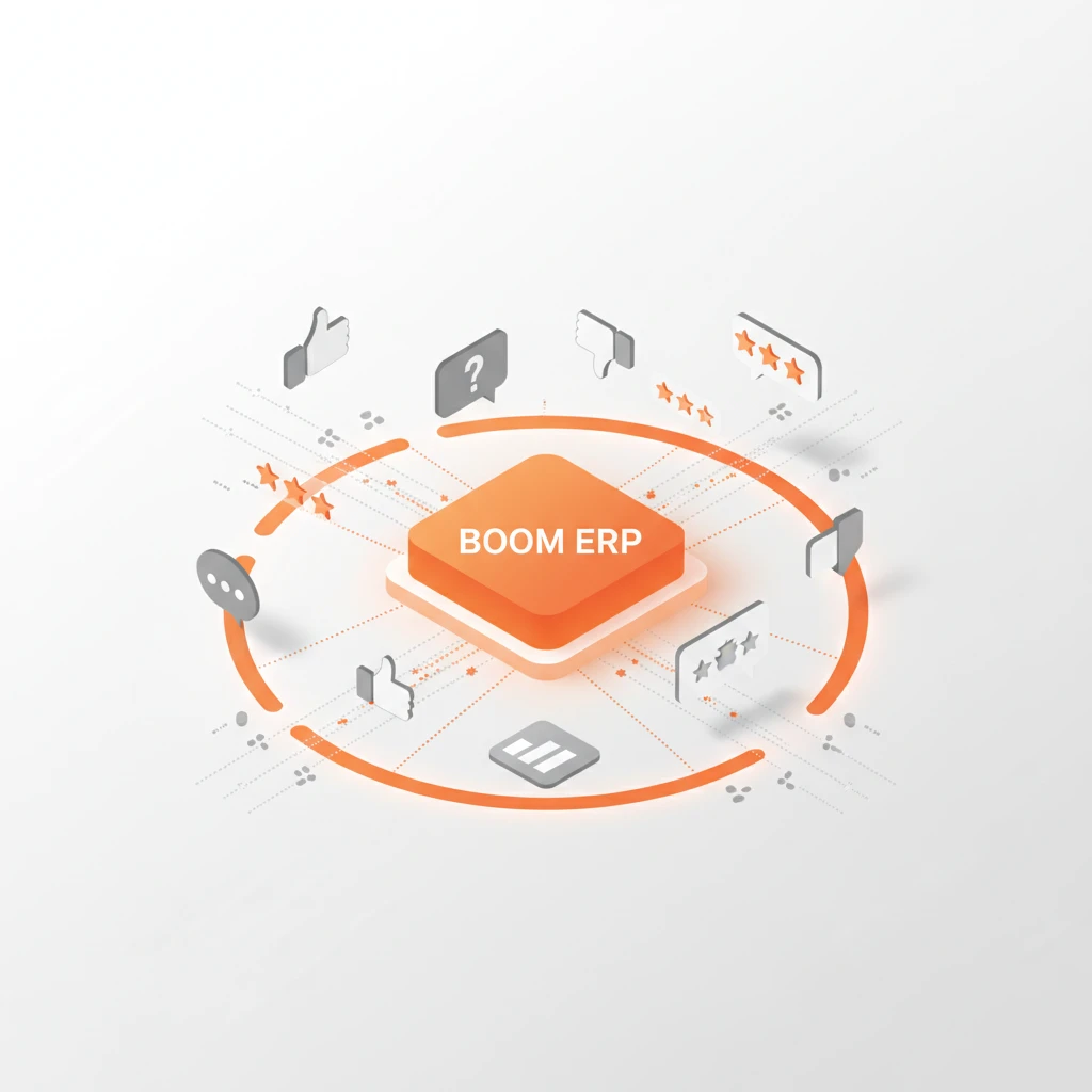 A digital dashboard showing ERP feedback loops and customer surveys for service agility at BOOM ERP in 2026.