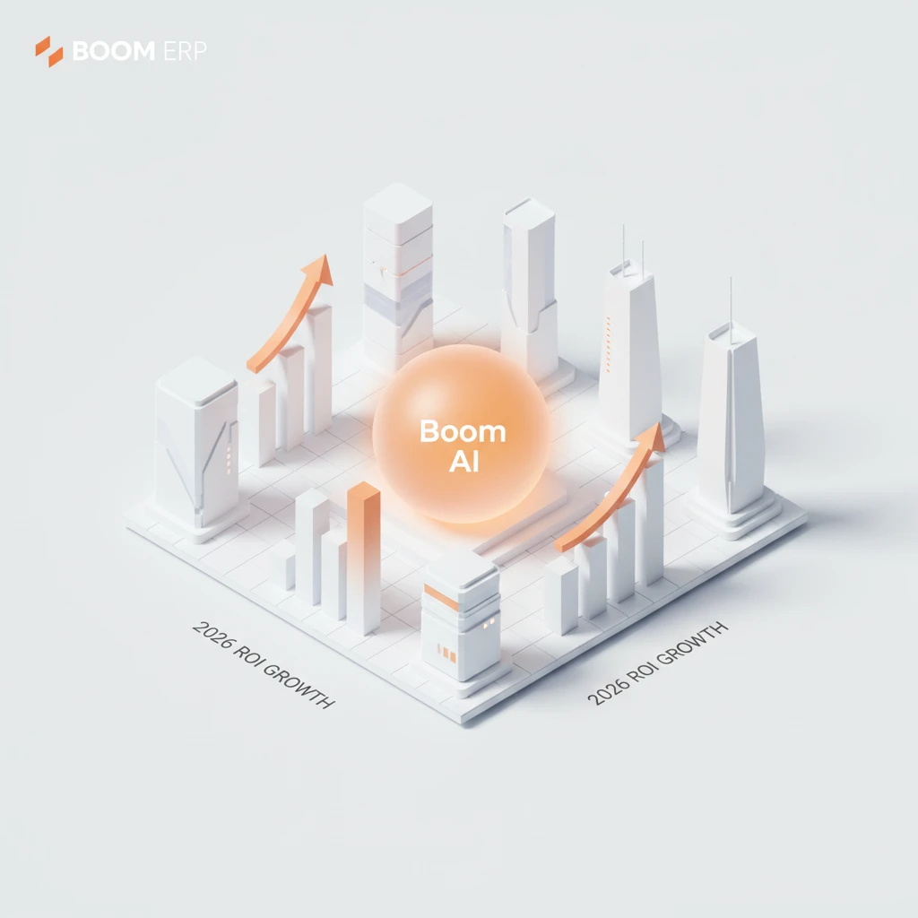 Professional dashboard showing AI business optimization 2026 metrics and Boom AI operational insights for BOOM ERP users.